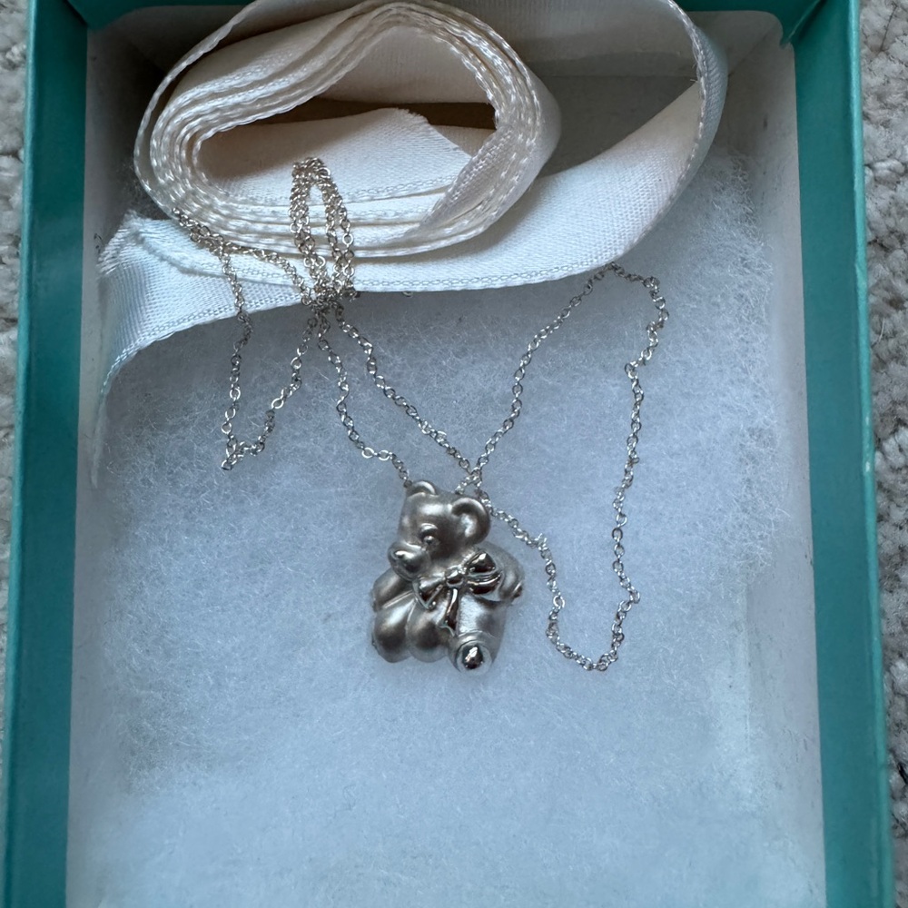 Tiffany & Co Sterling Silver 925 Teddy Bear Pendant Necklace 16" + Box